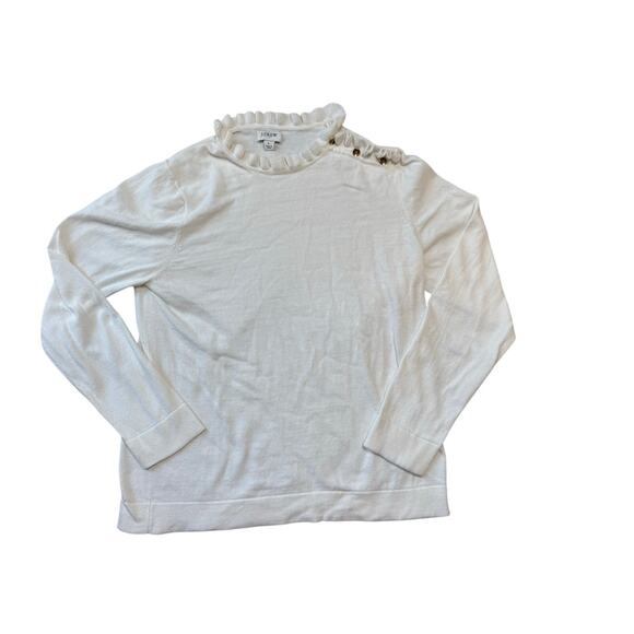 J. CREW Ruffle collar Sweater, women's large, 100% Cotton, White, Gold buttons - Picture 1 of 10
